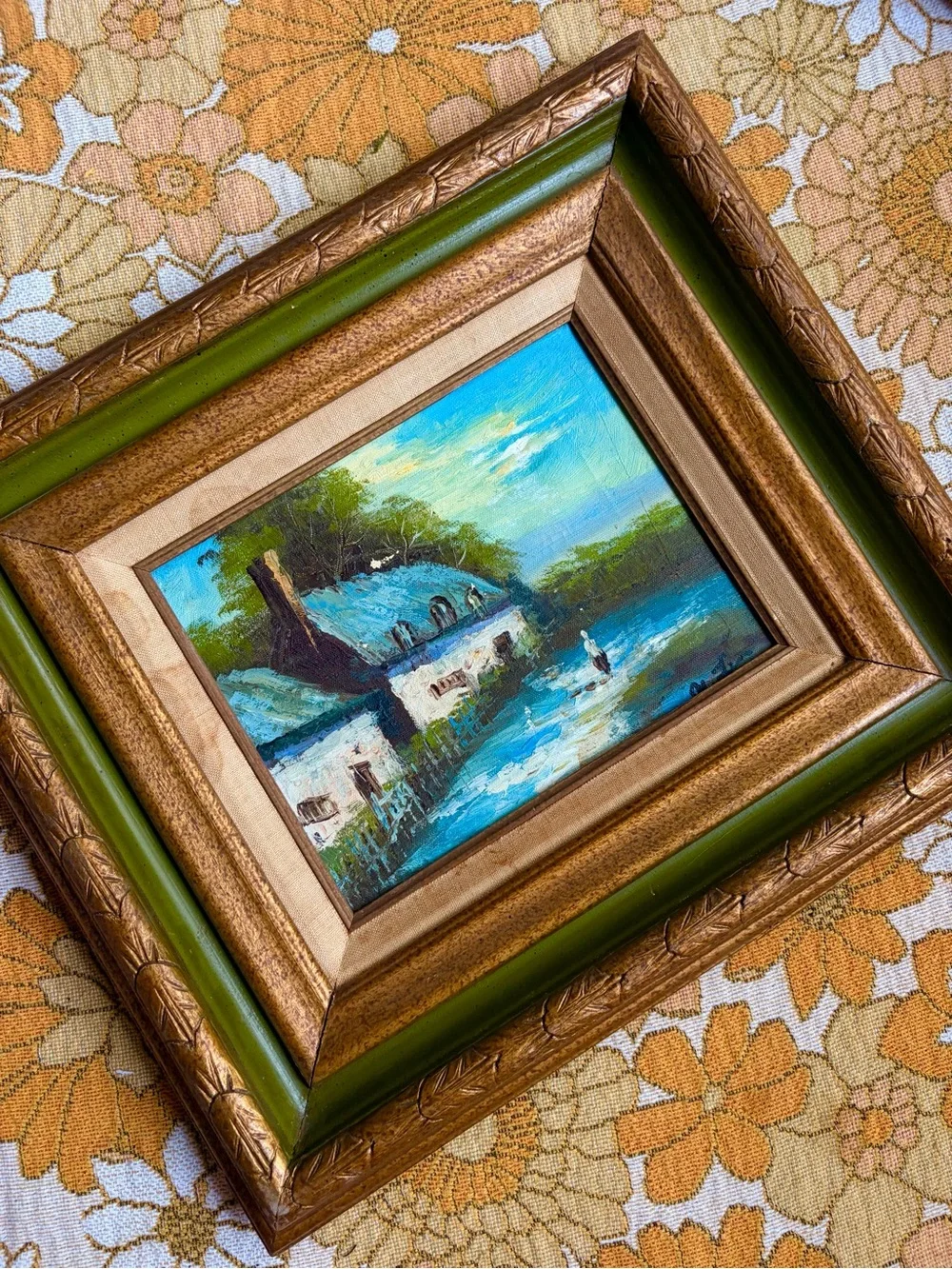 🏡🛶✨ Vintage Mid-Century Cottage Oil Painting ✨🛶🏡